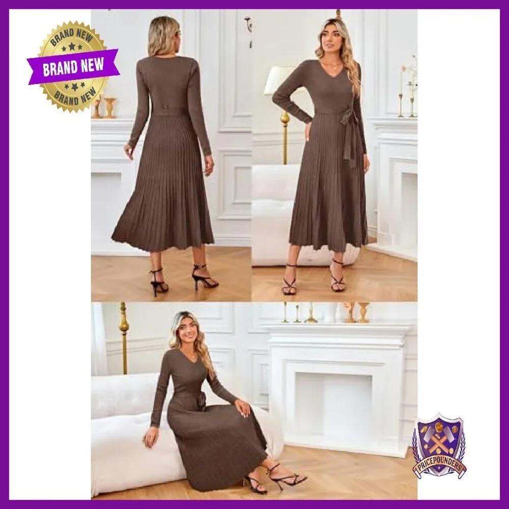 Wool Blend Tie Waist Pleated Sweater Dress Long Sleeve V Neck